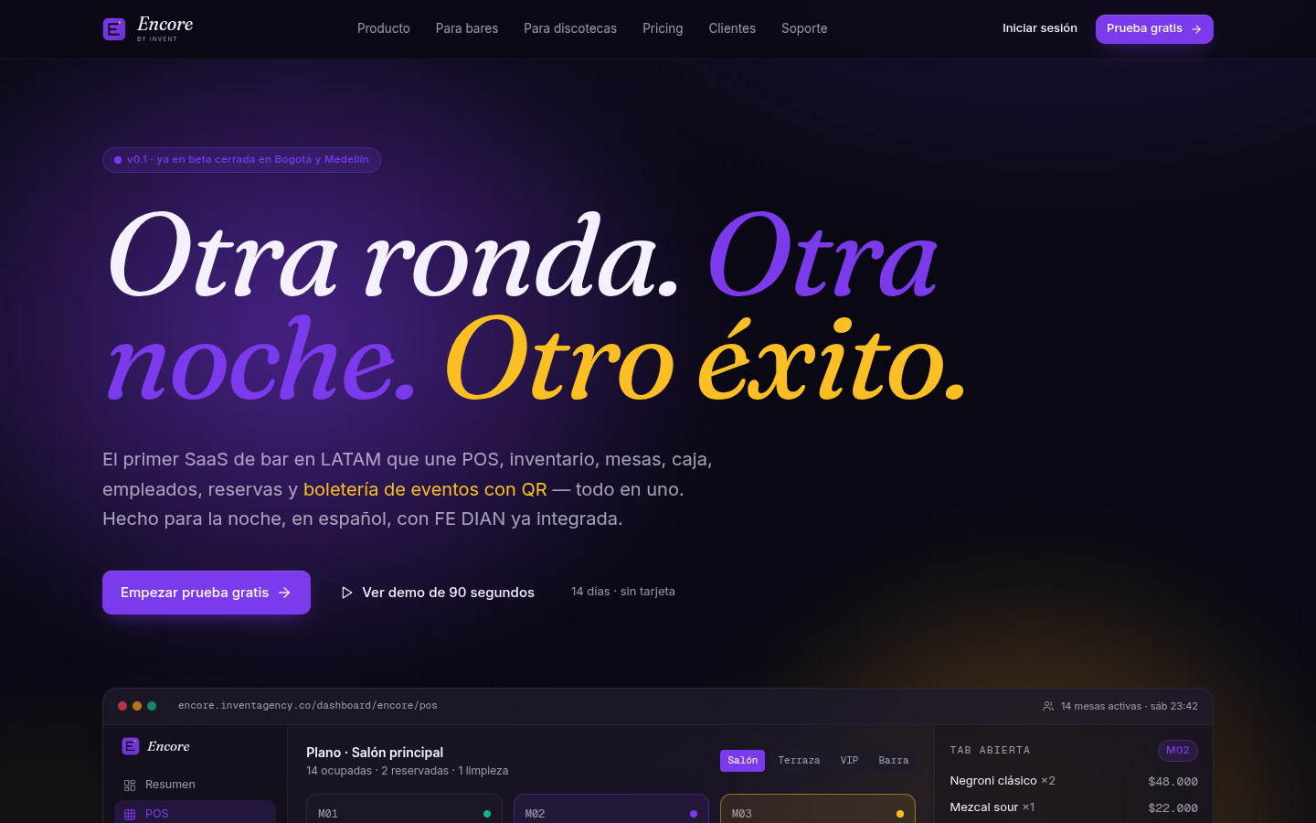 Interfaz de Encore, producto digital de Invent para nightlife